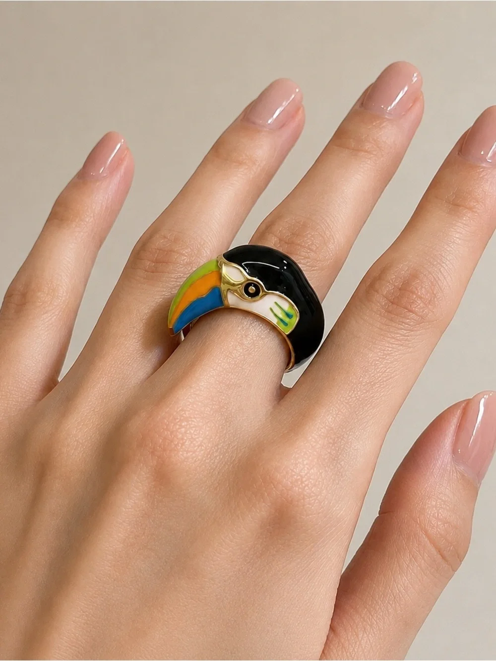 Statement Toucan Ring-Colorful Enamel Black & Gold Tone Bird Ring
